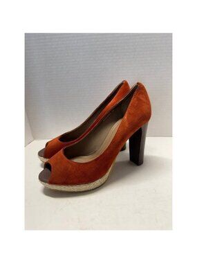 Boss Orange Burnt Orange Suede Peep Toe Platform Espadrille Block Heels 39 8.5